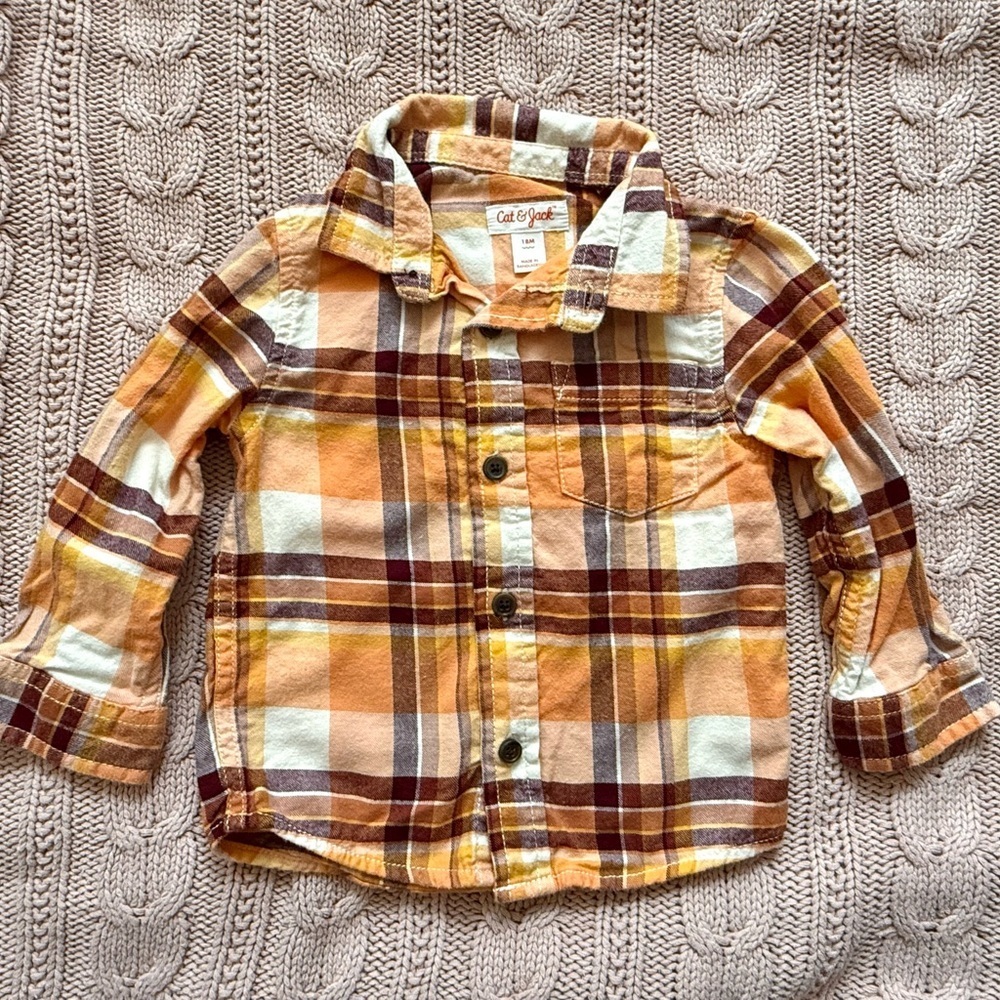Cat & Jack Plaid Button Down Shirt 18M Orange Fall Flannel Toddler Boy